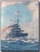Painting by M.G. Swanwick: "HMS Birmingham Commanded by Captain Arthur Duff, Ramming the German Submarine U15 on August 9th 1914"