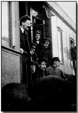 Leon Trotsky arriving in Petrograd by train