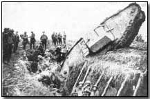 British Mark I tank stuck in captured German second-line trench at Cambrai